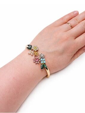 Floral Multi-Color Stone Hinged Bangle Bracelet